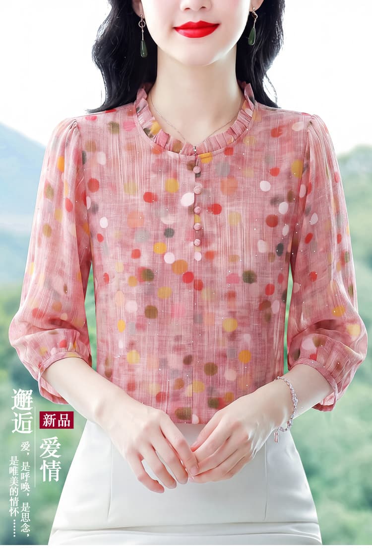 연령 감소 프릴 7부 소매 색상 도트 무늬 셔츠 여름 새로운 z 얇은 스타일 표지 고기 슬림해 보이는 어머니 드레스 작은 셔츠 상세 이미지 1