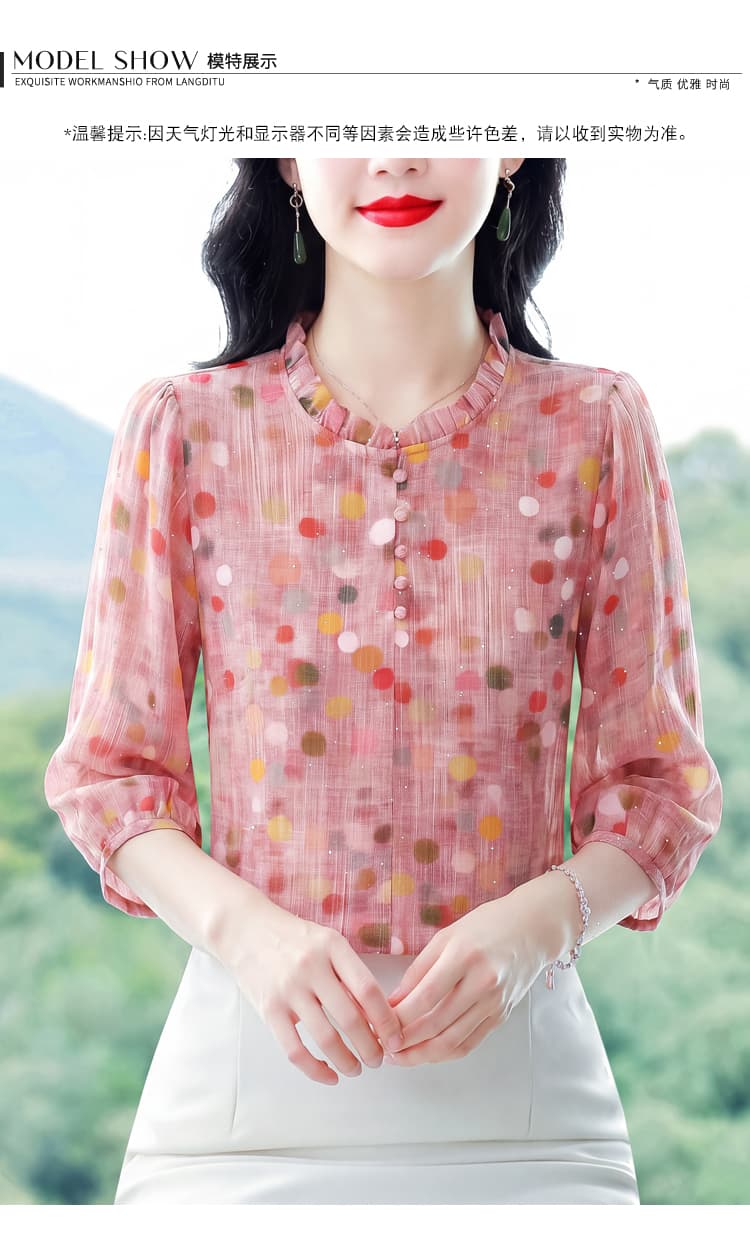 연령 감소 프릴 7부 소매 색상 도트 무늬 셔츠 여름 새로운 z 얇은 스타일 표지 고기 슬림해 보이는 어머니 드레스 작은 셔츠 상세 이미지 11