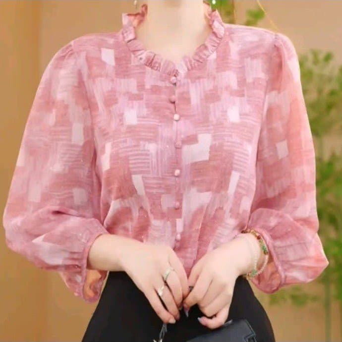 신선함 핑크색 품격 셔츠 여름 얇은 스타일 국풍 패션 프릴 i 외국 가스 7부 소매 작은 셔츠 여성 셔츠 이미지 2