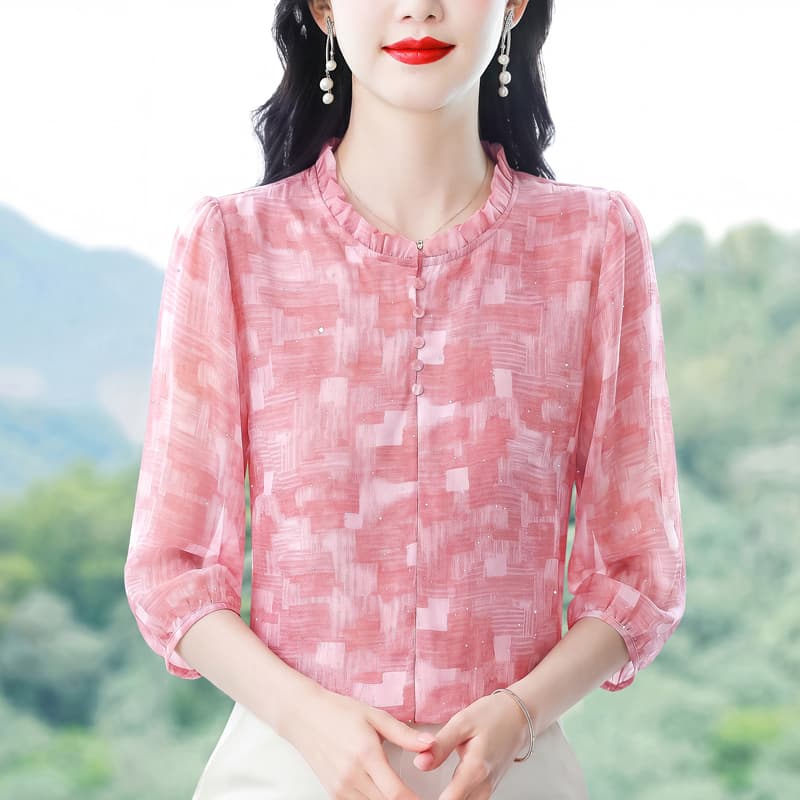 신선함 핑크색 품격 셔츠 여름 얇은 스타일 국풍 패션 프릴 i 외국 가스 7부 소매 작은 셔츠 여성 셔츠 이미지 2