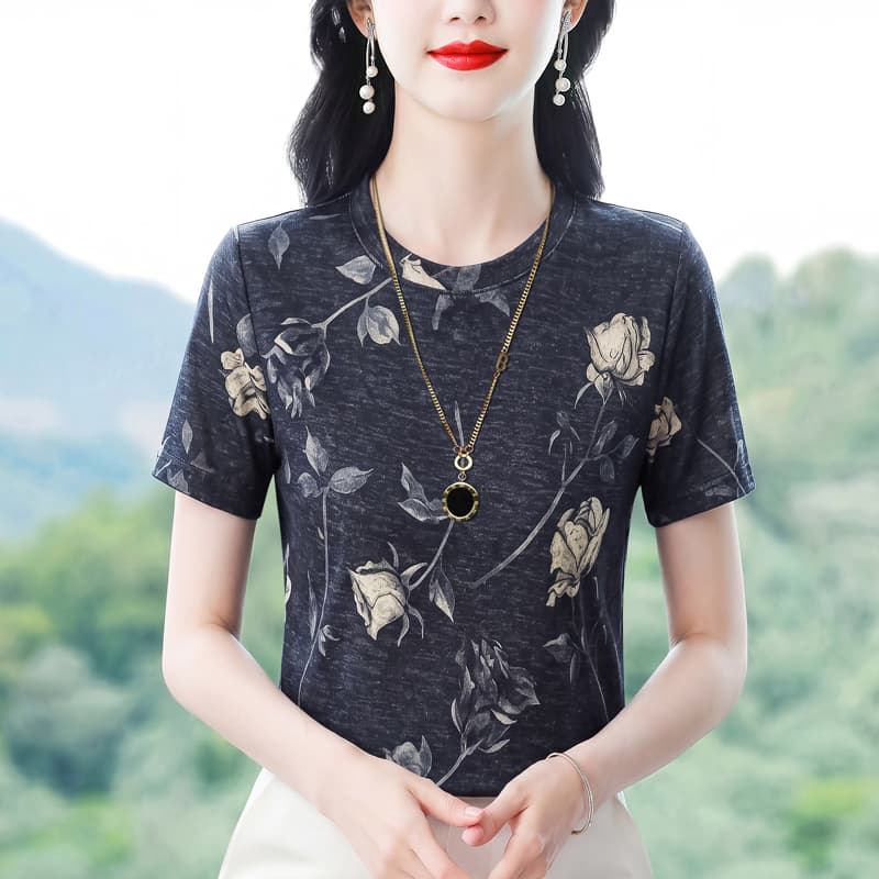 패션 프린트 라운드 넥 반팔 티셔츠 여성 여름 새로운 y 어머니 드레스 캐주얼 연령 감소 다용도 표지 고기 슬림해 보이는 맨위 이미지 2