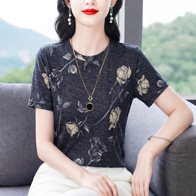 패션 프린트 라운드 넥 반팔 티셔츠 여성 여름 새로운 y 어머니 드레스 캐주얼 연령 감소 다용도 표지 고기 슬림해 보이는 맨위 이미지 3