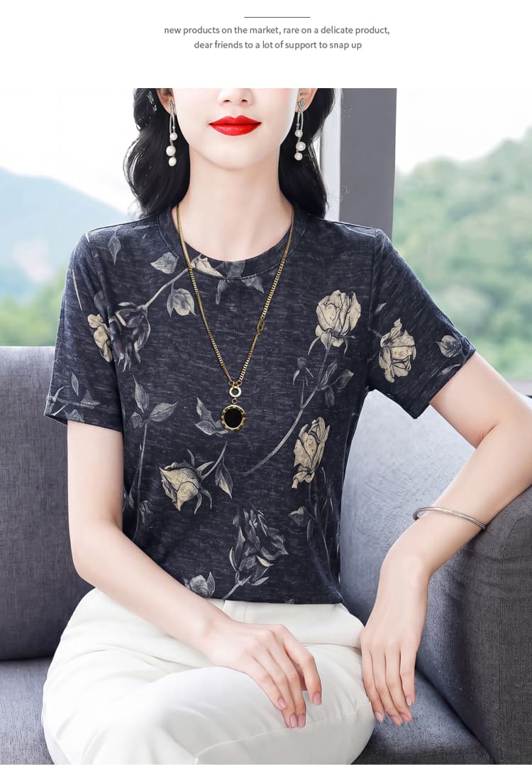 패션 프린트 라운드 넥 반팔 티셔츠 여성 여름 새로운 y 어머니 드레스 캐주얼 연령 감소 다용도 표지 고기 슬림해 보이는 맨위 상세 이미지 11