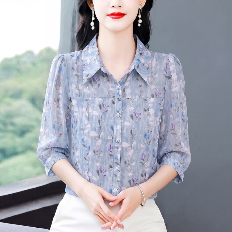 실사 2026 여름 새로운 패션 엄마 7부 소매 프린트 블라우스 품격 연령 감소 슬림해 보이는 작은 셔츠 이미지 4