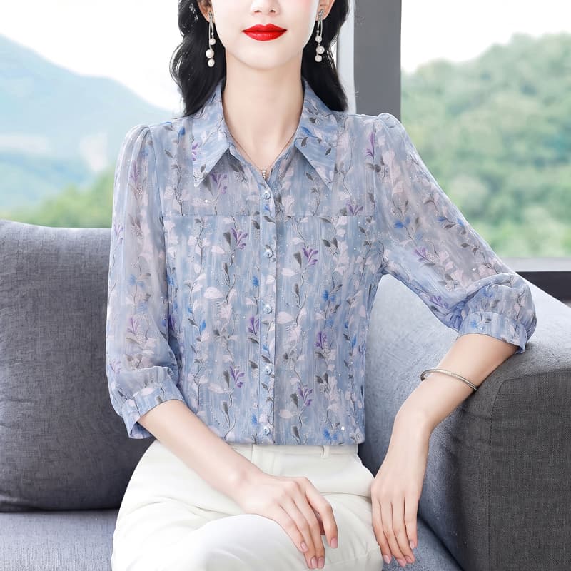 실사 2026 여름 새로운 패션 엄마 7부 소매 프린트 블라우스 품격 연령 감소 슬림해 보이는 작은 셔츠 이미지 5