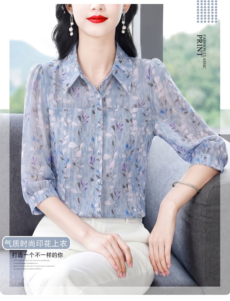 실사 2026 여름 새로운 패션 엄마 7부 소매 프린트 블라우스 품격 연령 감소 슬림해 보이는 작은 셔츠 상세 이미지 4