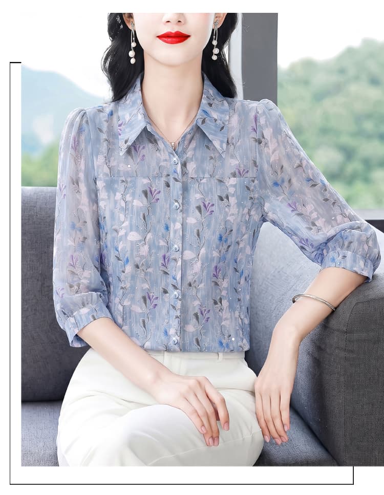 실사 2026 여름 새로운 패션 엄마 7부 소매 프린트 블라우스 품격 연령 감소 슬림해 보이는 작은 셔츠 상세 이미지 12