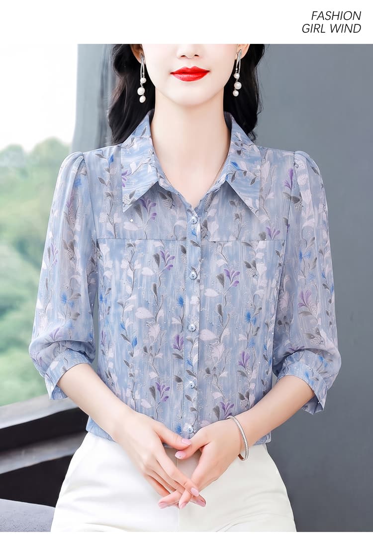 실사 2026 여름 새로운 패션 엄마 7부 소매 프린트 블라우스 품격 연령 감소 슬림해 보이는 작은 셔츠 상세 이미지 13