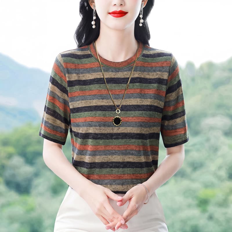 디자인 센스 스트라이프 라운드 넥 반팔 티셔츠 여성 2026 여름 새로운 루즈핏 슬림해 보이는 다용도 품격 캐주얼 맨위 이미지 2