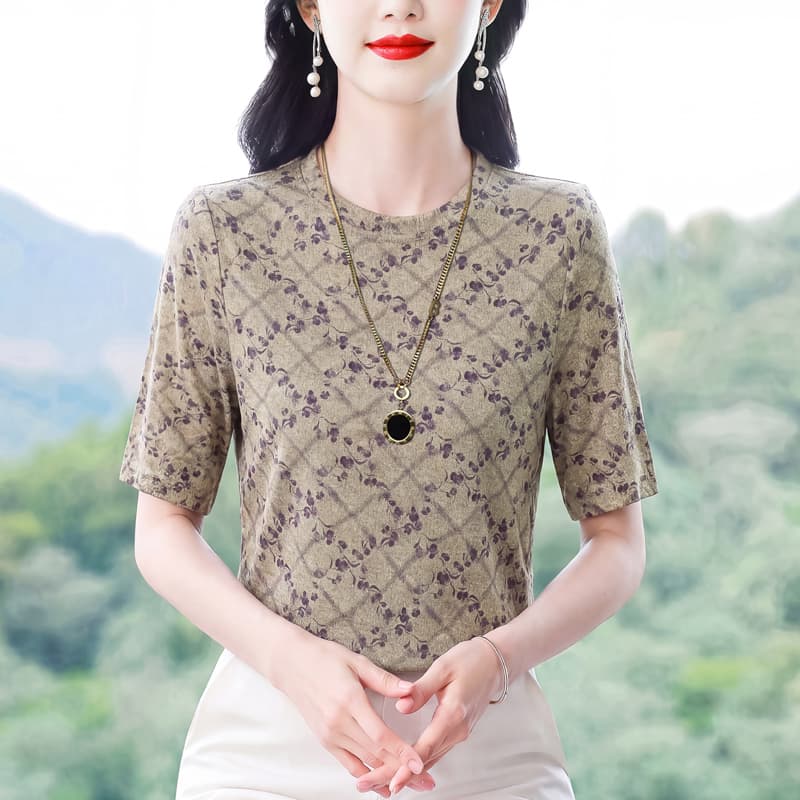 패션 프린트 라운드 넥 반팔 티셔츠 여성 여름 새로운 y 어머니 드레스 캐주얼 연령 감소 다용도 표지 고기 슬림해 보이는 맨위 이미지 2