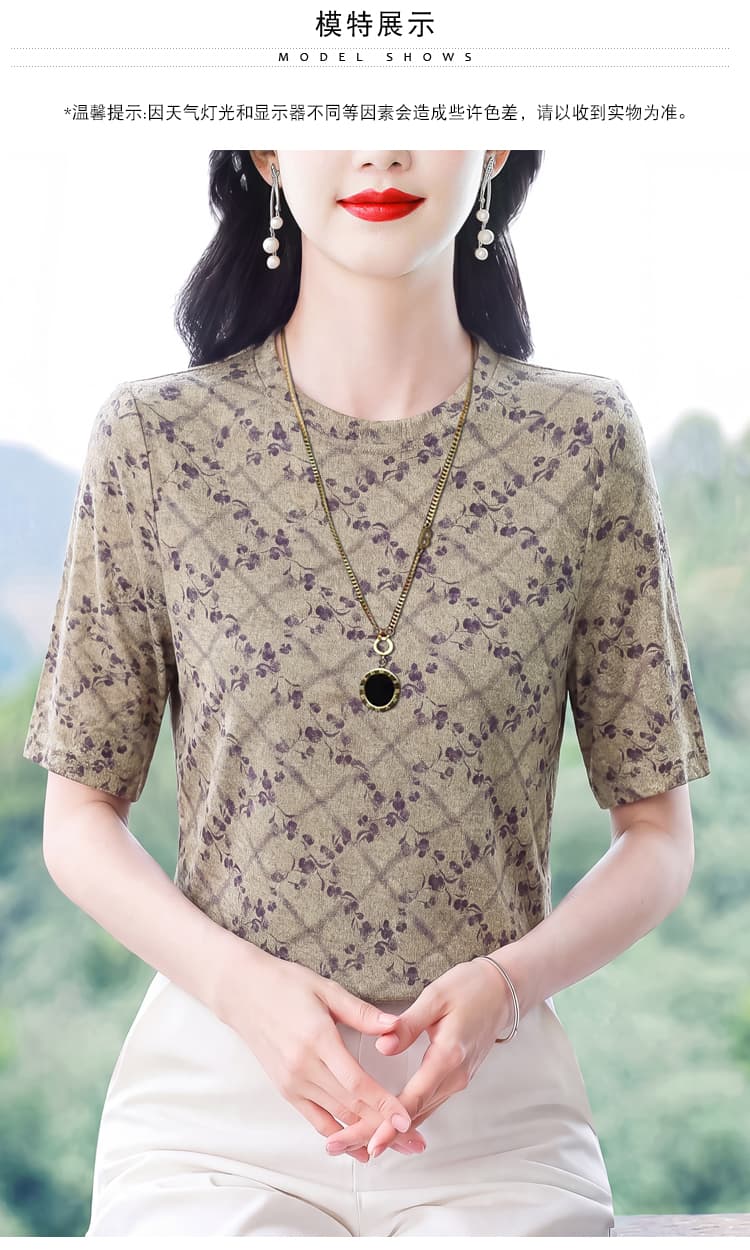 패션 프린트 라운드 넥 반팔 티셔츠 여성 여름 새로운 y 어머니 드레스 캐주얼 연령 감소 다용도 표지 고기 슬림해 보이는 맨위 상세 이미지 9