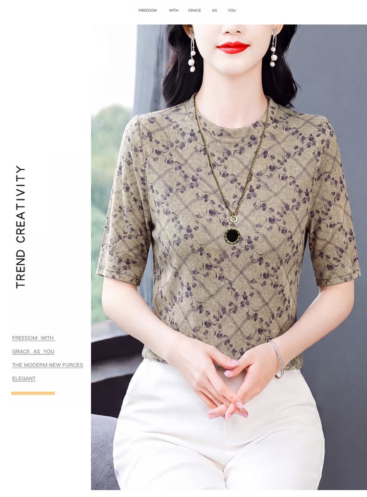 패션 프린트 라운드 넥 반팔 티셔츠 여성 여름 새로운 y 어머니 드레스 캐주얼 연령 감소 다용도 표지 고기 슬림해 보이는 맨위 상세 이미지 11