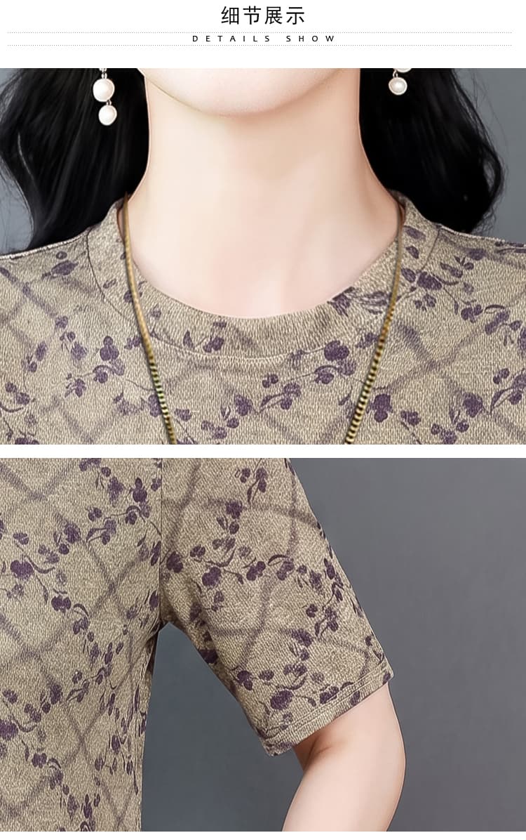 패션 프린트 라운드 넥 반팔 티셔츠 여성 여름 새로운 y 어머니 드레스 캐주얼 연령 감소 다용도 표지 고기 슬림해 보이는 맨위 상세 이미지 13