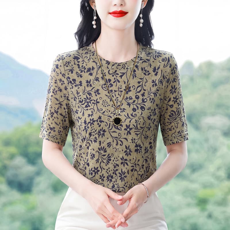 패션 프린트 라운드 넥 반팔 티셔츠 여성 여름 새로운 y 어머니 드레스 캐주얼 연령 감소 다용도 표지 고기 슬림해 보이는 맨위 이미지 2