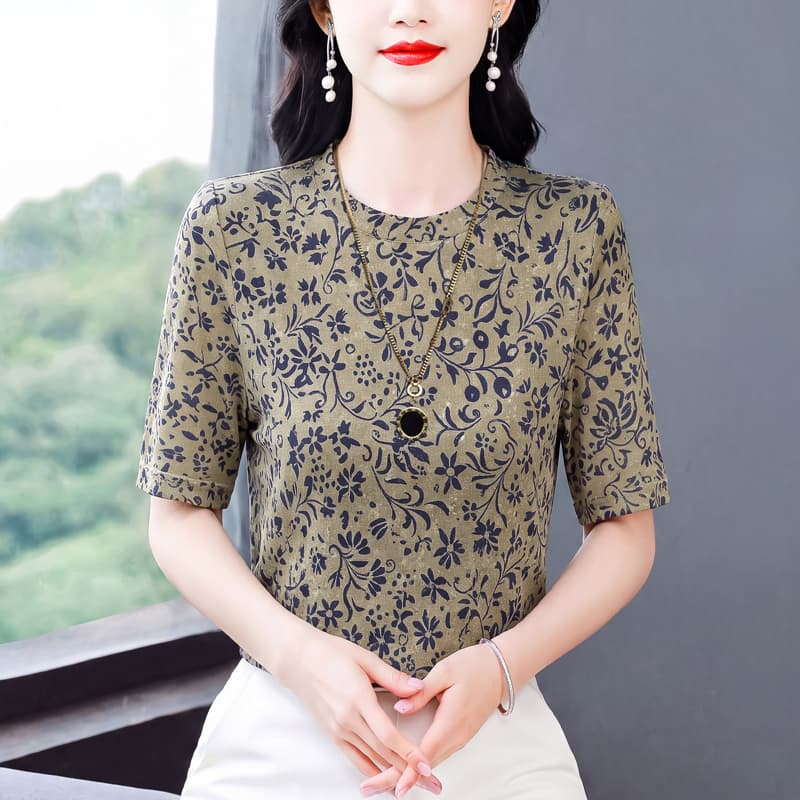 패션 프린트 라운드 넥 반팔 티셔츠 여성 여름 새로운 y 어머니 드레스 캐주얼 연령 감소 다용도 표지 고기 슬림해 보이는 맨위 이미지 3