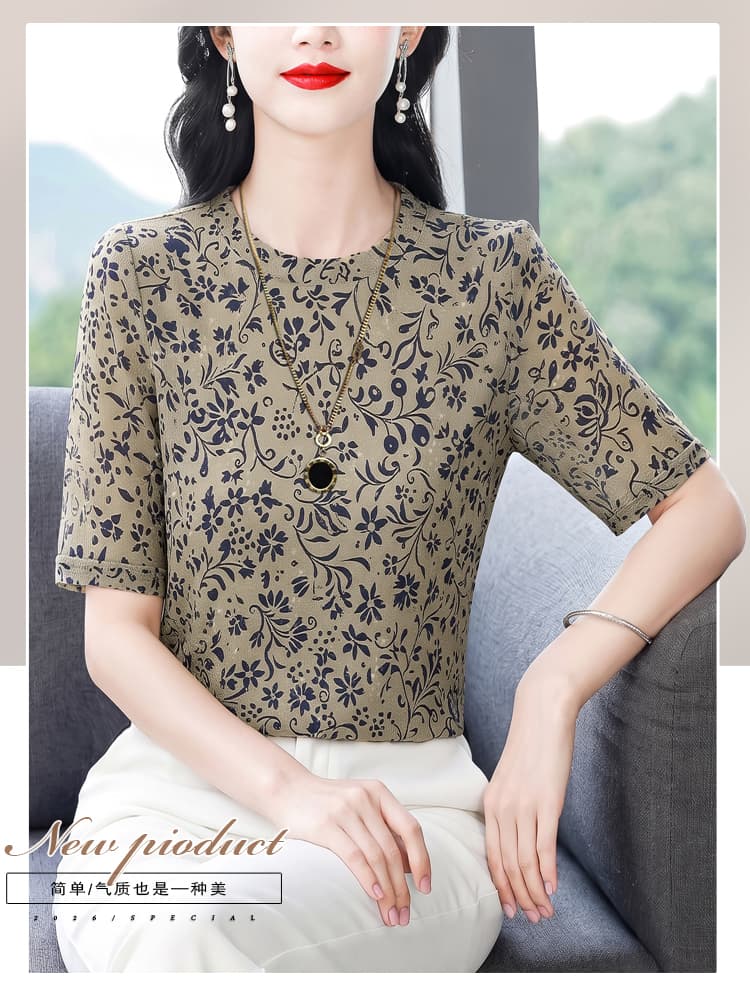 패션 프린트 라운드 넥 반팔 티셔츠 여성 여름 새로운 y 어머니 드레스 캐주얼 연령 감소 다용도 표지 고기 슬림해 보이는 맨위 상세 이미지 3