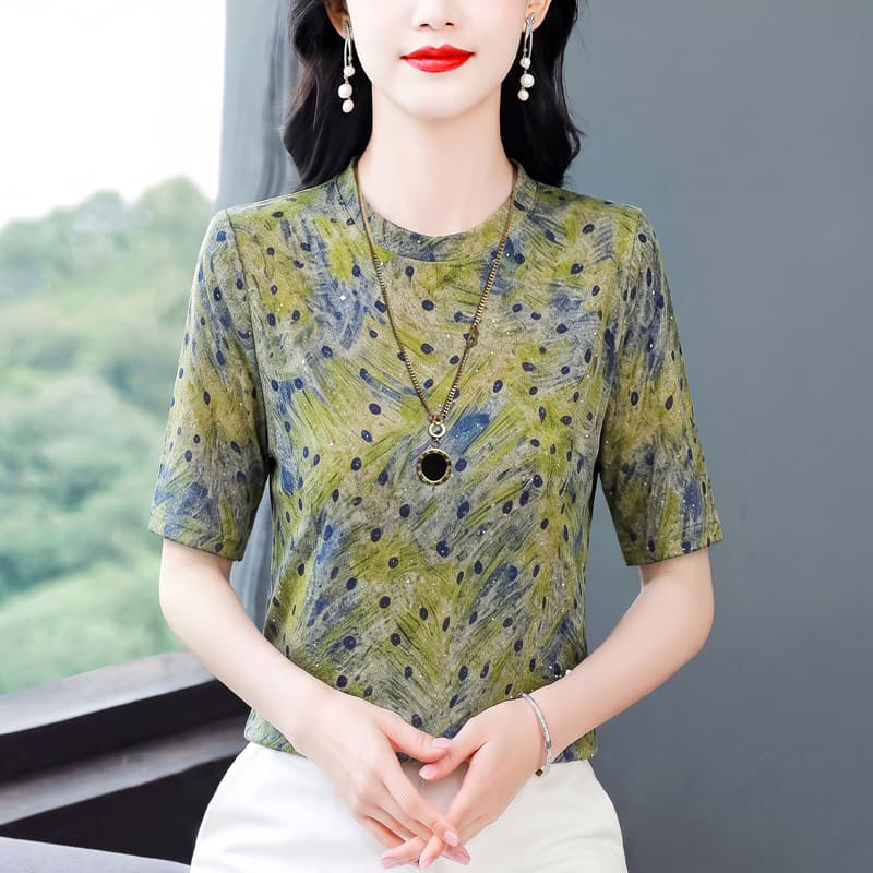 패션 프린트 라운드 넥 반팔 티셔츠 여성 여름 새로운 y 어머니 드레스 캐주얼 연령 감소 다용도 표지 고기 슬림해 보이는 맨위 이미지 5