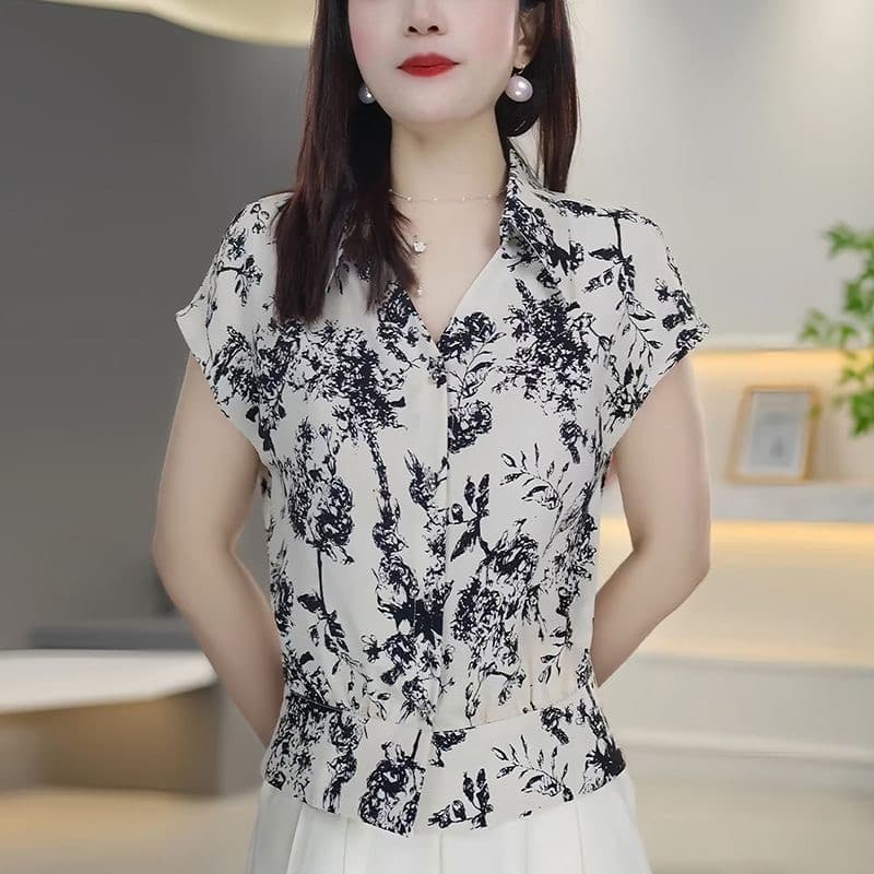 패션 프린트 반팔 여성 셔츠 여름 새로운 대양 품격 슬림해 보이는 표지 고기 V넥 엄마 캐주얼 다용도 맨위 이미지 3