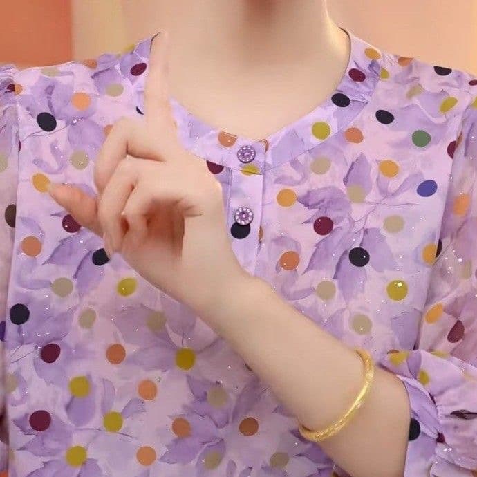 보라색 라운드 넥 여성 셔츠 여름 새로운 얇고 가벼운 통기성 패션 외국 가스 프린트 i 루즈핏 슬림해 보이는 작은 셔츠 맨위 상세 이미지 5