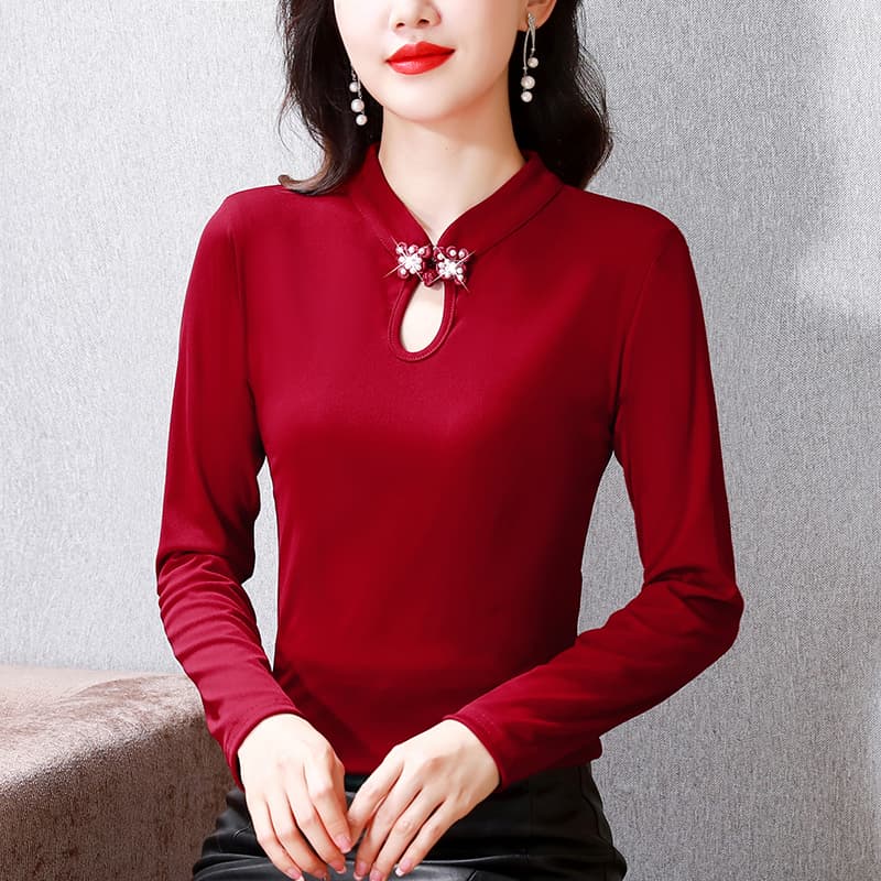 실사 스탠드 칼라 치파오 맨위 여성 가을 신축성 새틴 몸매 가꾸기 슬림해 보이는 레트로 단추 인사이드 가져 가라. 외출용 기본 셔츠 이미지 4