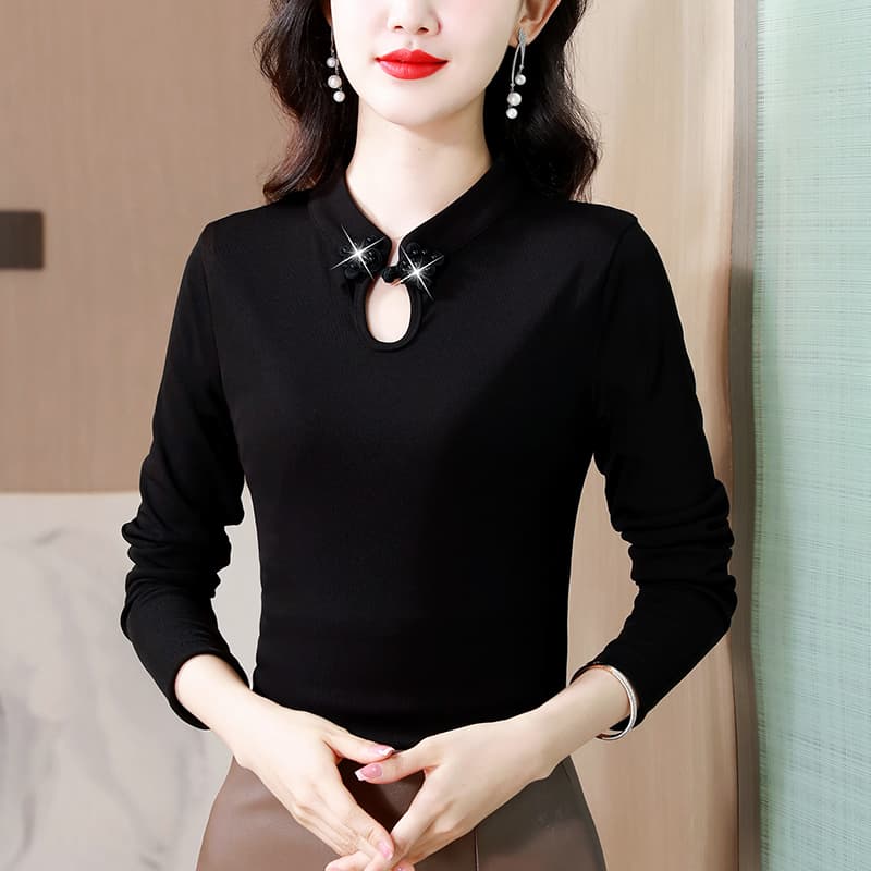 실사 스탠드 칼라 치파오 맨위 여성 가을 신축성 새틴 몸매 가꾸기 슬림해 보이는 레트로 단추 인사이드 가져 가라. 외출용 기본 셔츠 이미지 5