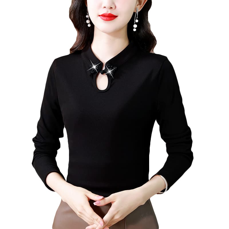 실사 스탠드 칼라 치파오 맨위 여성 가을 신축성 새틴 몸매 가꾸기 슬림해 보이는 레트로 단추 인사이드 가져 가라. 외출용 기본 셔츠 이미지 6