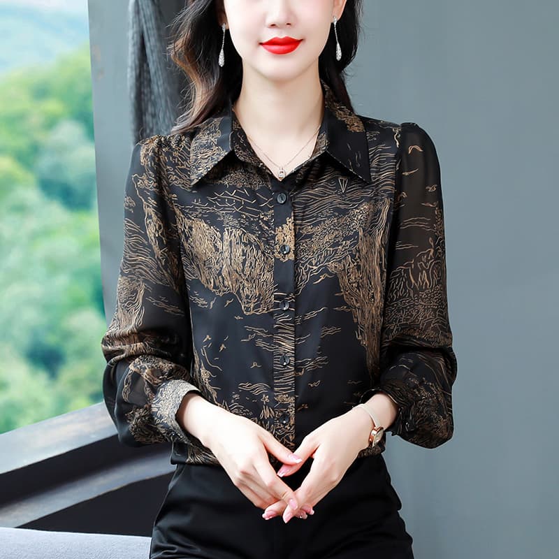 가을 긴팔 프린트 여성 셔츠 2026 새로운 외국 가스 연령 감소 셔츠 봄과 가을 루즈핏 여성 쉬폰 톱 이미지 3