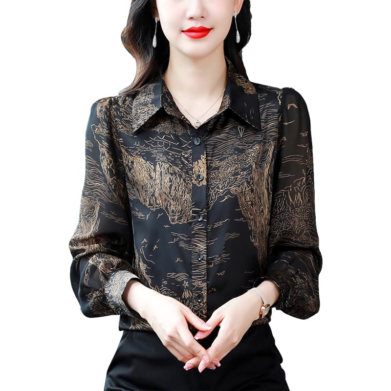 가을 긴팔 프린트 여성 셔츠 2026 새로운 외국 가스 연령 감소 셔츠 봄과 가을 루즈핏 여성 쉬폰 톱 이미지 6