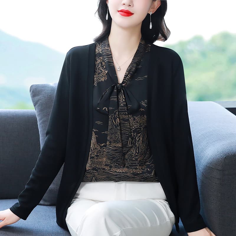실사 2026 봄 가을 새로운 페이크 레이어드 프린트 패치워크 페이크 레이어드 긴팔 기본 셔츠 맨위 다용도 섹션 이미지 2
