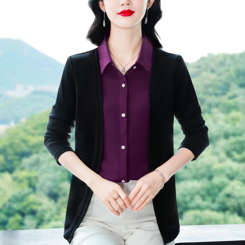 페이크 레이어드 긴팔 여성 셔츠 가을 2026 올해 인기 새로운 패션 품격 다용도 니트 오픈 가디건 맨위 이미지 2