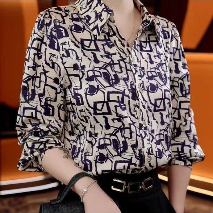 패션 폴로 칼라 긴팔 셔츠 여성 2026 가을 새로운 프린트 작은 셔츠 외국 가스 연령 감소 다용도 출퇴근 맨위 이미지 4