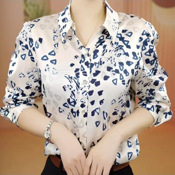 패션 폴로 칼라 긴팔 셔츠 여성 2026 가을 새로운 프린트 작은 셔츠 외국 가스 연령 감소 다용도 출퇴근 맨위 상세 이미지 1
