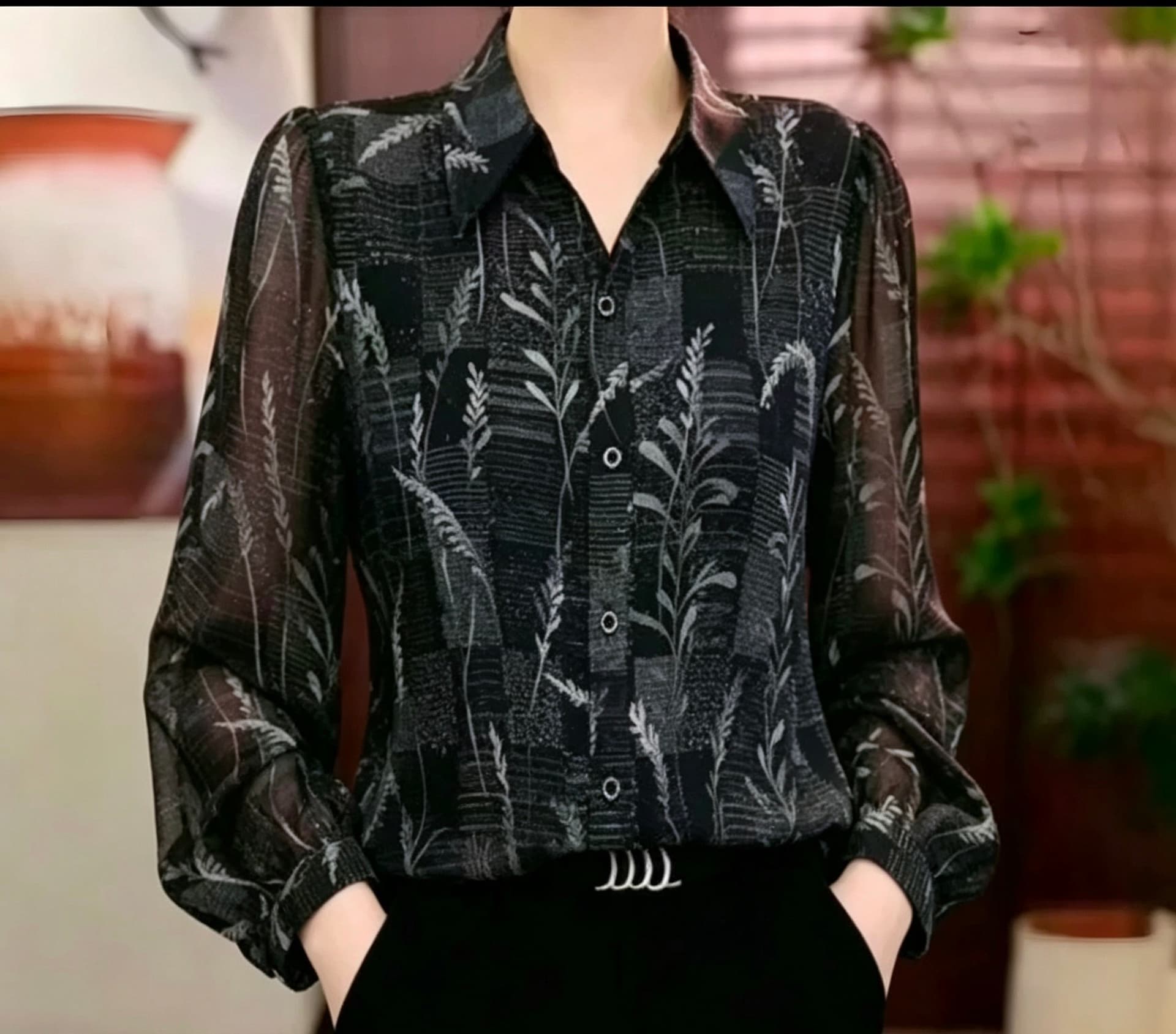 가을 새로운 어머니 드레스 쉬폰 여성 셔츠 블랙 하단 꽃 프린트 폴로 칼라 긴팔 루즈핏 표지 고기 외국 가스 맨위 이미지 2