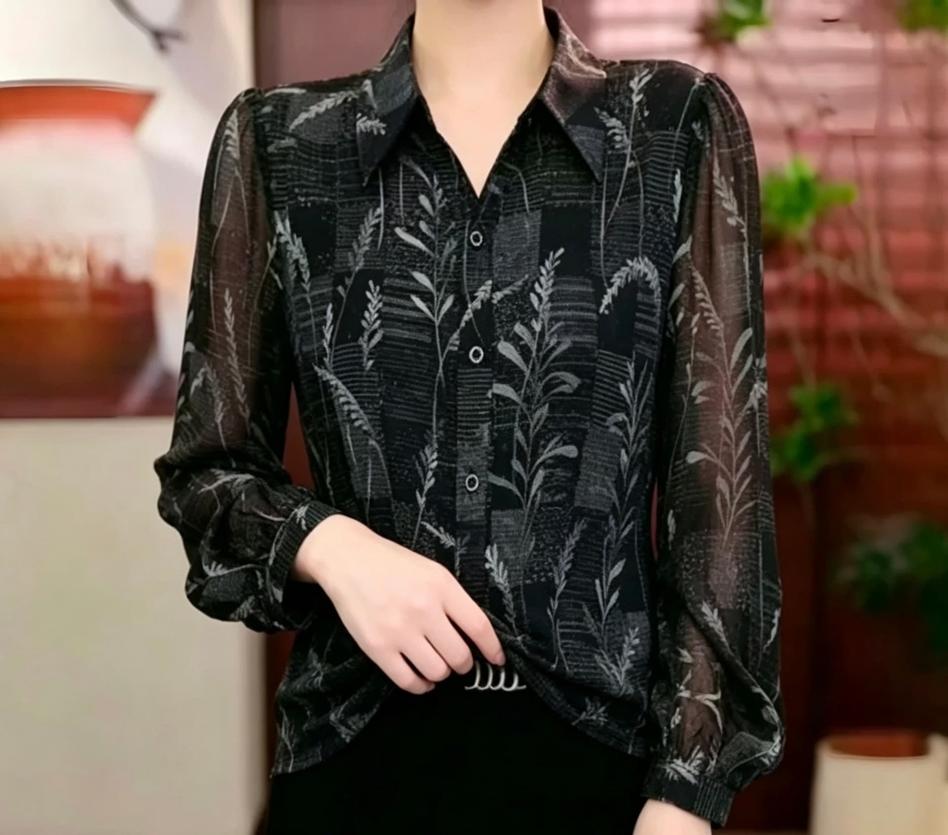 가을 새로운 어머니 드레스 쉬폰 여성 셔츠 블랙 하단 꽃 프린트 폴로 칼라 긴팔 루즈핏 표지 고기 외국 가스 맨위 이미지 3