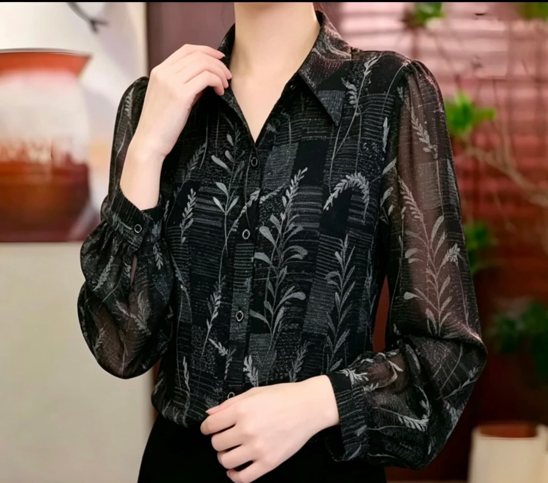 가을 새로운 어머니 드레스 쉬폰 여성 셔츠 블랙 하단 꽃 프린트 폴로 칼라 긴팔 루즈핏 표지 고기 외국 가스 맨위 상세 이미지 5