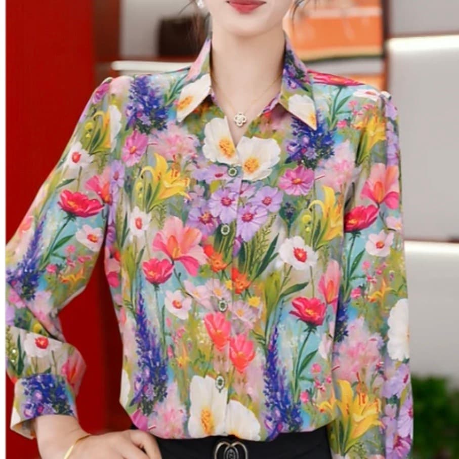 패션 폴로 칼라 긴팔 셔츠 여성 2026 가을 새로운 프린트 작은 셔츠 외국 가스 연령 감소 다용도 출퇴근 맨위 이미지 3