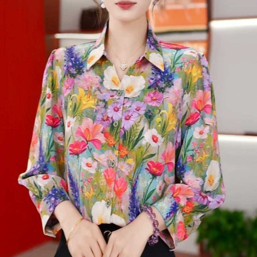패션 폴로 칼라 긴팔 셔츠 여성 2026 가을 새로운 프린트 작은 셔츠 외국 가스 연령 감소 다용도 출퇴근 맨위 상세 이미지 5