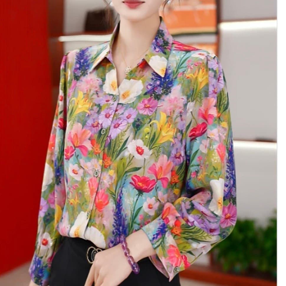 패션 폴로 칼라 긴팔 셔츠 여성 2026 가을 새로운 프린트 작은 셔츠 외국 가스 연령 감소 다용도 출퇴근 맨위 상세 이미지 7
