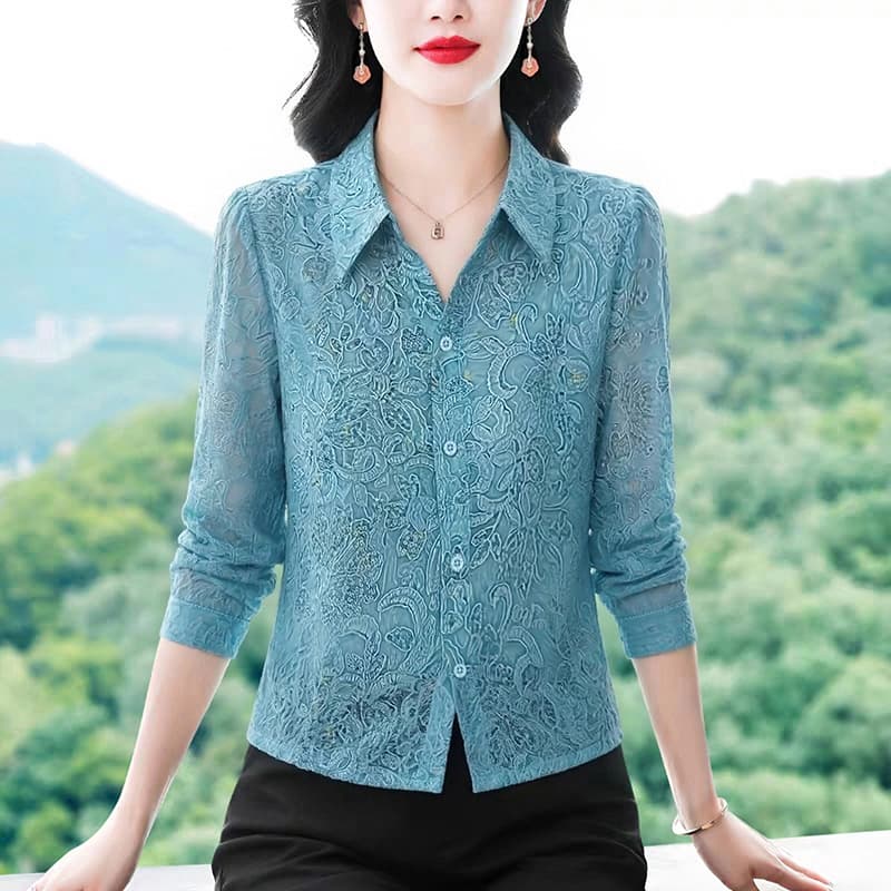패션 폴로 칼라 긴팔 셔츠 여성 2026 가을 새로운 프린트 작은 셔츠 외국 가스 연령 감소 다용도 출퇴근 맨위 이미지 5