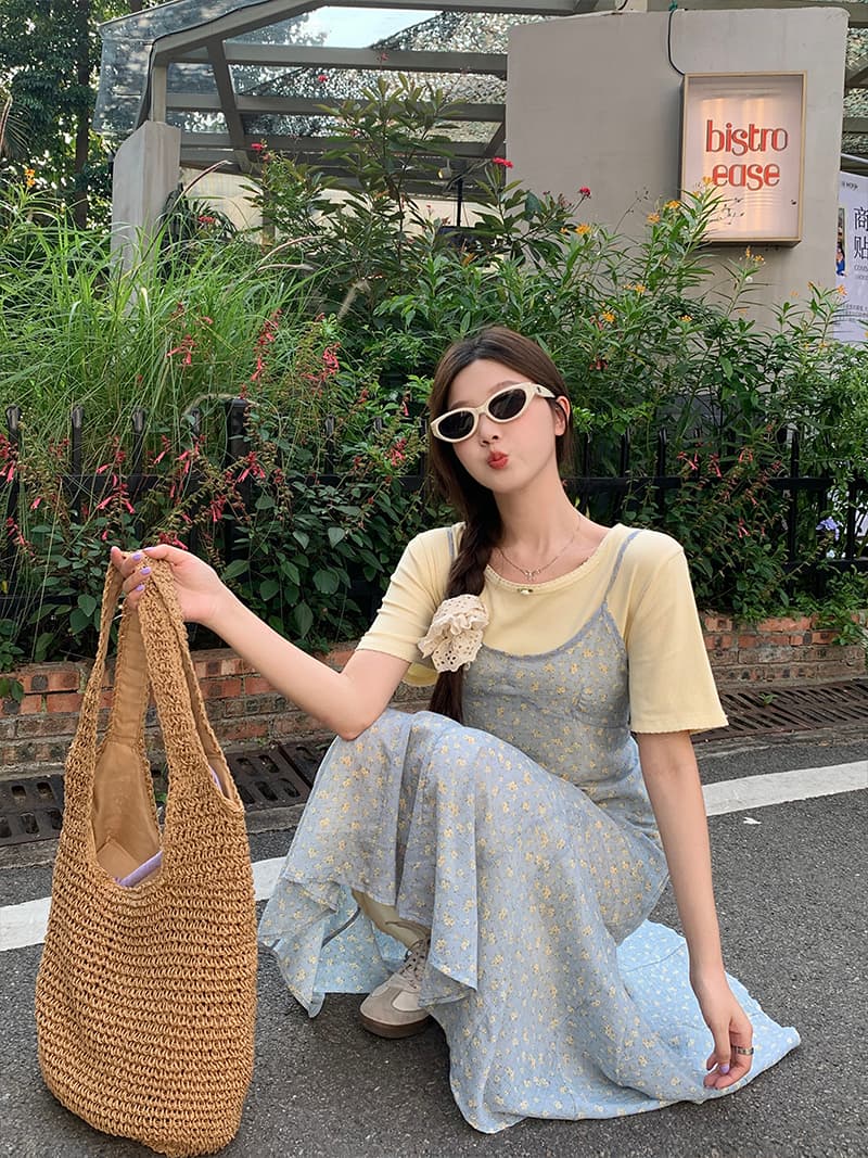 실사 여름 새로운 지방 mm 페이크 레이어드 슬림해 보이는 맨위 표지 배 슬립 드레스 이미지 3