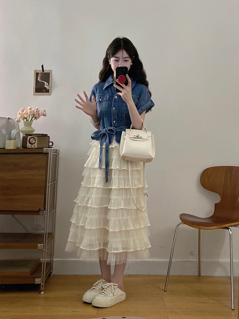 실사 빅 사이즈 품격 빛 럭셔리 레이스 조각 데님 반팔 드레스 여름 패션 롱 스커트 페이크 레이어드 상세 이미지 9