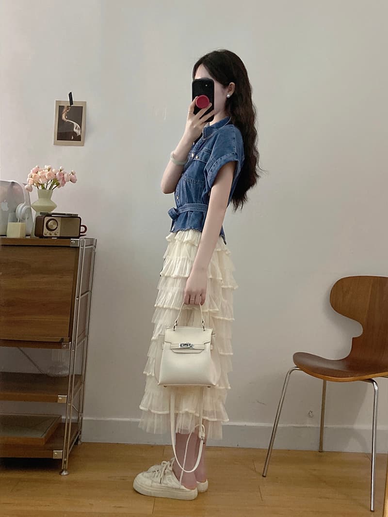 실사 빅 사이즈 품격 빛 럭셔리 레이스 조각 데님 반팔 드레스 여름 패션 롱 스커트 페이크 레이어드 상세 이미지 12