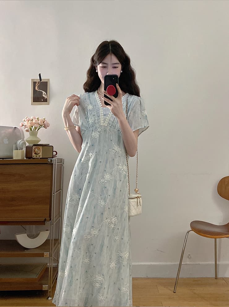 실사 빅 사이즈 여름 새로운 반팔 문예 롱 스커트 허리 수축 빛 럭셔리 패션 드레스 상세 이미지 8