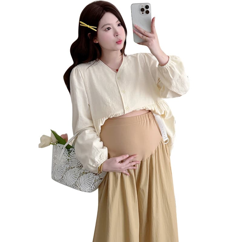실사 2026 임산부 봄 가을 새로운 자수 자카드 긴팔 셔츠 와이드 레그 팬츠 세트 수 있습니다. 열기 버클 수유 이미지 6