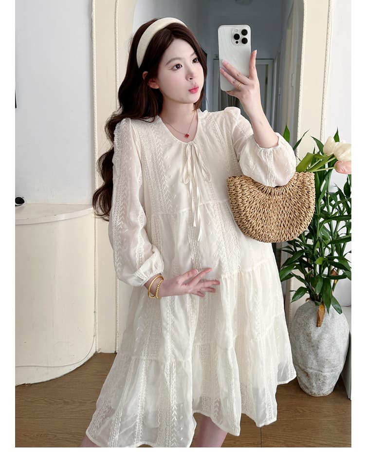 실사 2026 임산부 이른 가을 새로운 중간 길이 드레스 작은 키 레이스 자수 슬림해 보이는 레이스업 부드러운 치마 상세 이미지 20
