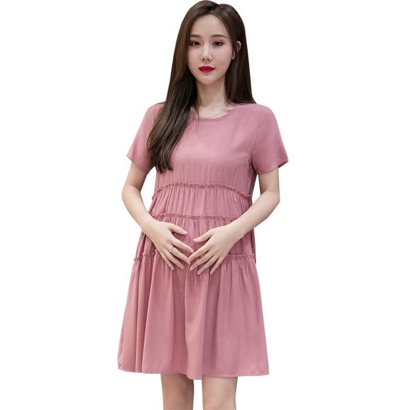 실사 패션 여름 드레스 임산부 작은 키 드레스 부드럽다 주간 실크 코튼 여름 치마 라운드 넥 프릴 치마 이미지 5