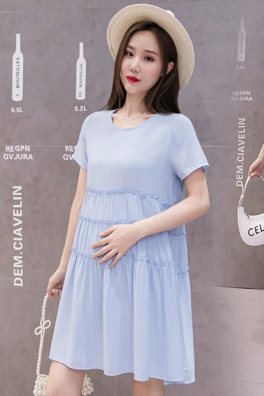 실사 패션 여름 드레스 임산부 작은 키 드레스 부드럽다 주간 실크 코튼 여름 치마 라운드 넥 프릴 치마 이미지 6