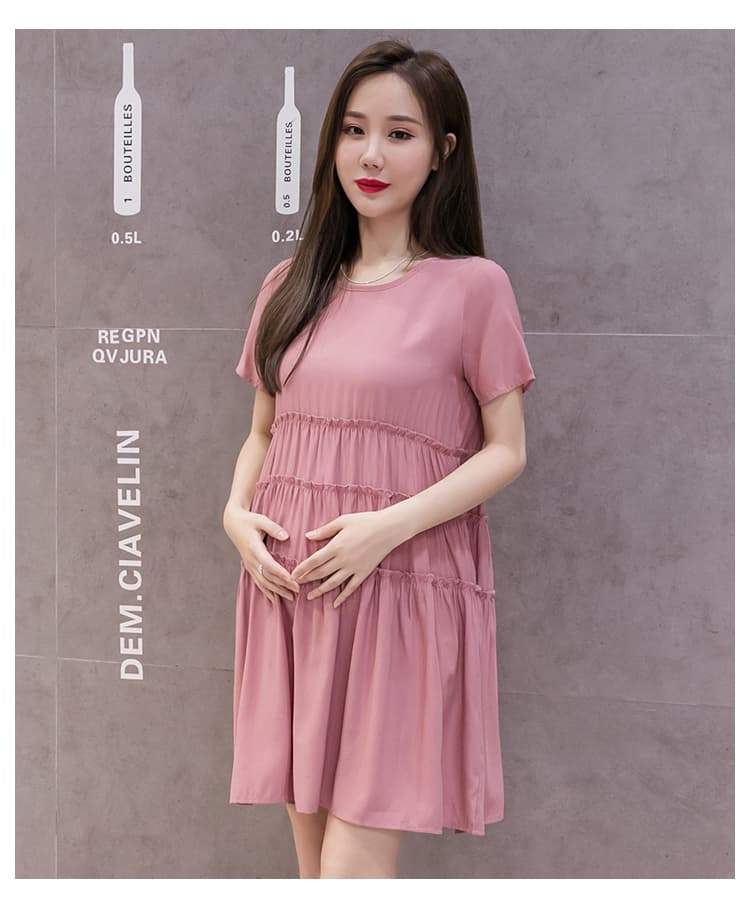 실사 패션 여름 드레스 임산부 작은 키 드레스 부드럽다 주간 실크 코튼 여름 치마 라운드 넥 프릴 치마 상세 이미지 11