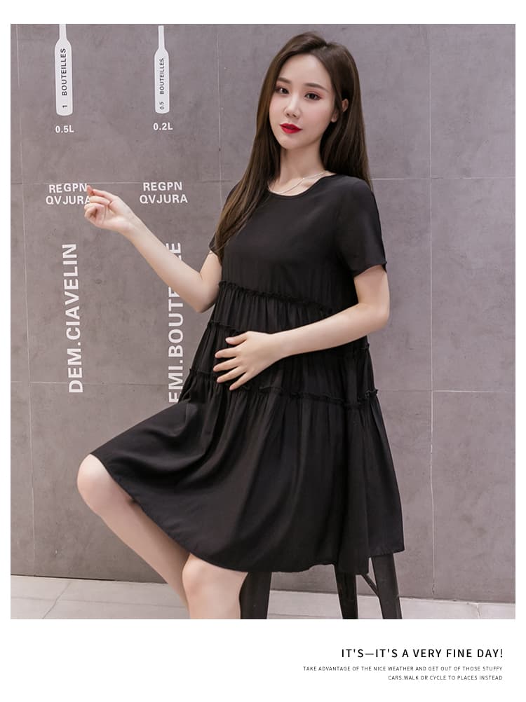 실사 패션 여름 드레스 임산부 작은 키 드레스 부드럽다 주간 실크 코튼 여름 치마 라운드 넥 프릴 치마 상세 이미지 13