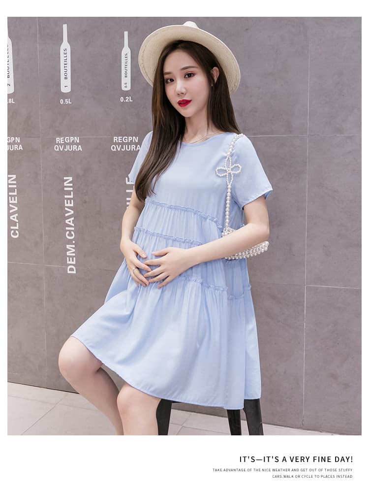 실사 패션 여름 드레스 임산부 작은 키 드레스 부드럽다 주간 실크 코튼 여름 치마 라운드 넥 프릴 치마 상세 이미지 18